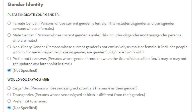 Snapshot of JIBC application on EPBC Gender Identity section.