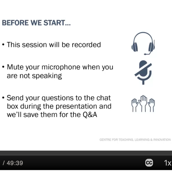 Screenshot of the recording of the workshop, displaying the welcome slide and Kaltura player controls.