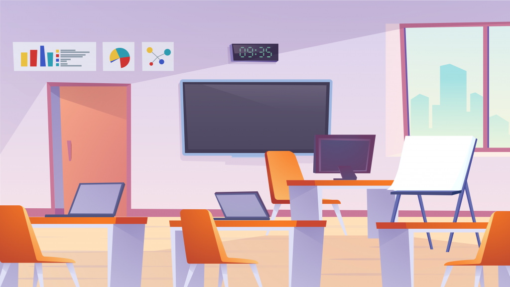 Graphic of an empty classroom with computers on desks and big screen tv on wall.