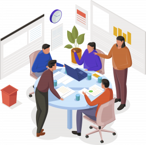 Graphic of a team meeting around a table in an office.