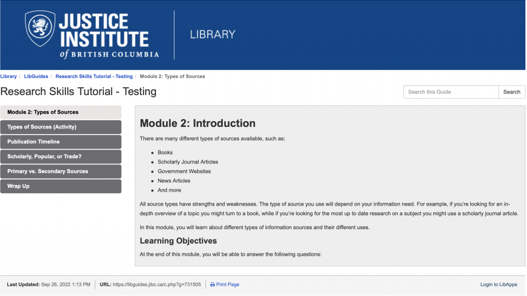 Screenshot of Research Skills Tutorial course on libguides