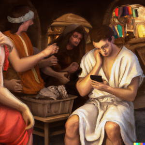 DALL·E 2023-01-30 14.25.47 - a realistic fresco in the style of Caravaggio of a market scene in Ancient Greece. One man is texting on his cell phone. digital art