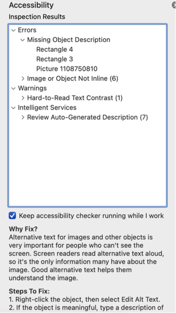 Screenshot of Accessibility Inspection results that shows errors and suggestions to fix those errors.
