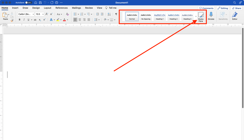 Screenshot of Microsoft word with Styles panel highlighted.