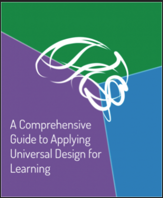 The graphic cover of the Universal Design for Learning textbook, with a line image of a profile of the brain and the title, A Comprehensive Guide to Applying Universal Design for Learning.