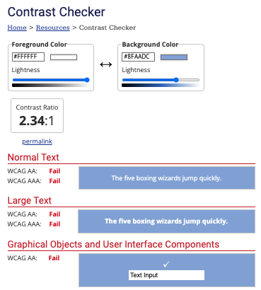 Screenshot of Webaim Contrast checker tool shows if the colours pass the Contrast check.