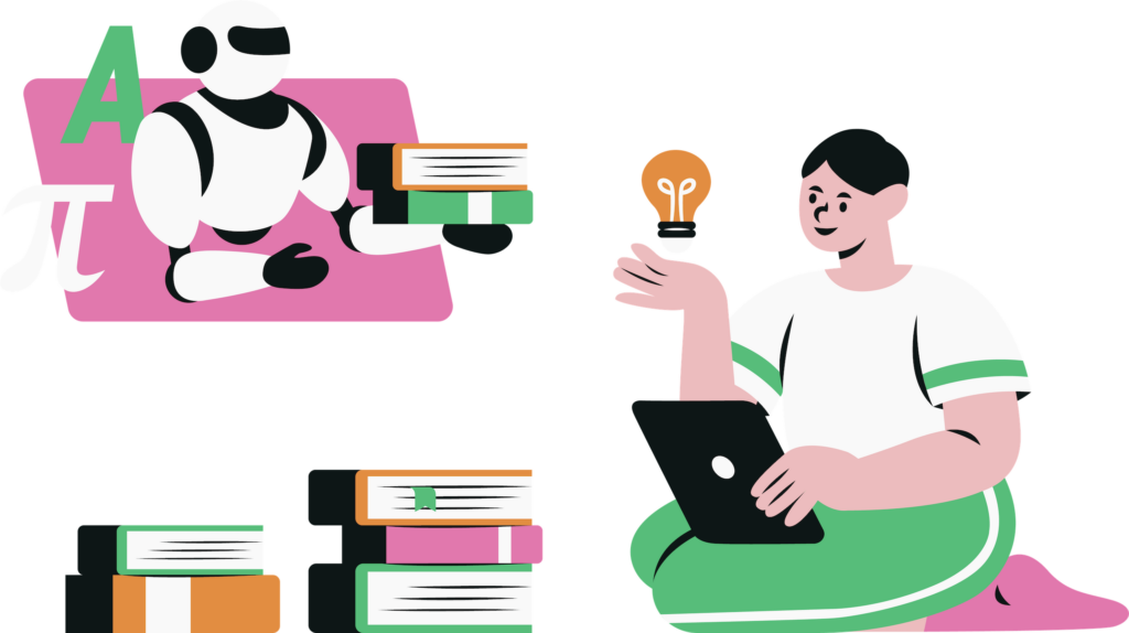 Graphical representation of AI and education. Top left graphic of a robot on top of a pink parallelogram shape, holding a stack of 2 books and a pi symbol and the capital letter A surrounding him. On the right side we have a student sitting with their legs tucked underneath them, a laptop in their lap and their other hand holding a light bulb. And the final image is two stacks of books (bottom left), once stack of three textbooks and the other stack two textbooks.