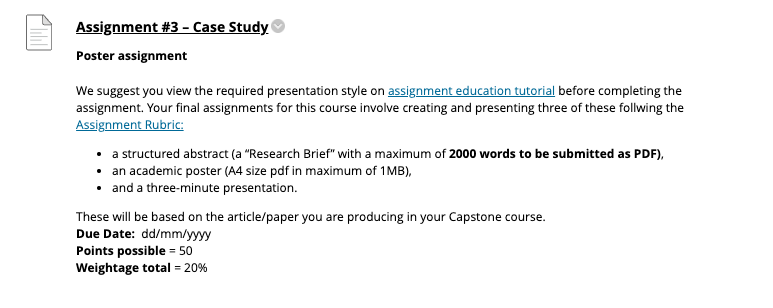 Screenshot of an assignment that includes additional details such as due date, points possible, weightage and expected word count