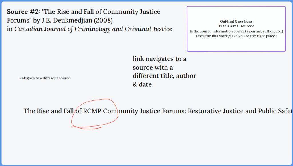 A screenshot of a Padlet board showing the title, author, publication date, and journal title of a source identified by AI. A box on the right provides guiding questions. Text below was added by different people and clarifies the real title of the source, which is different from the title provided.