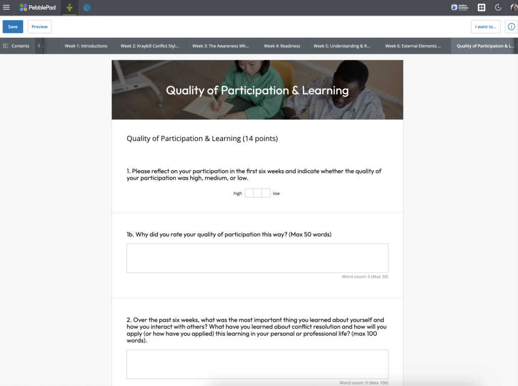 screen shot of a PebblePad workbook page.