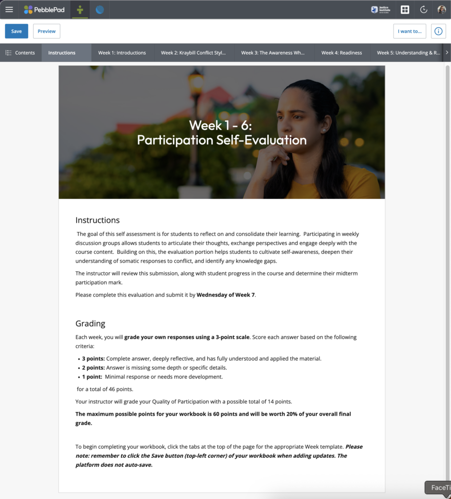 Screenshot of a PebblePad workbook's instruction/welcome page.