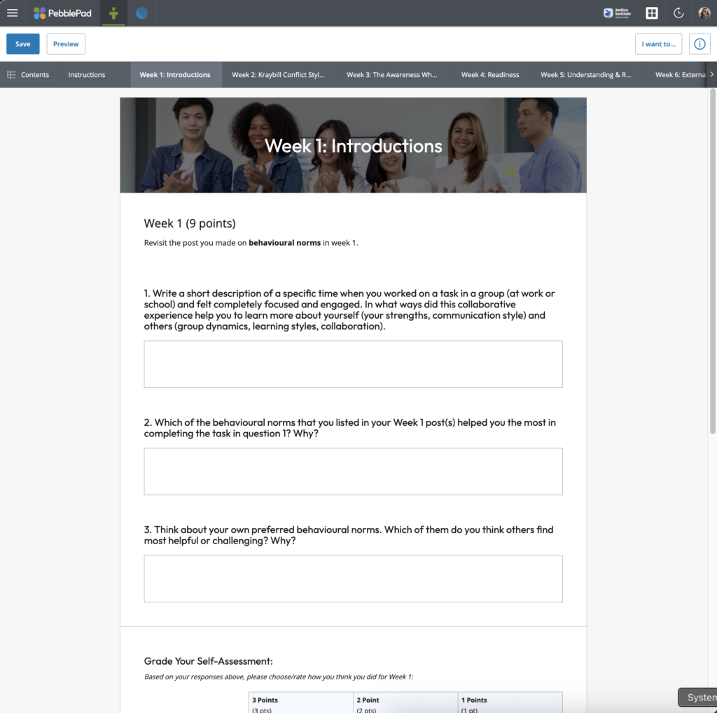 screenshot of a PebblePad workbook template page.