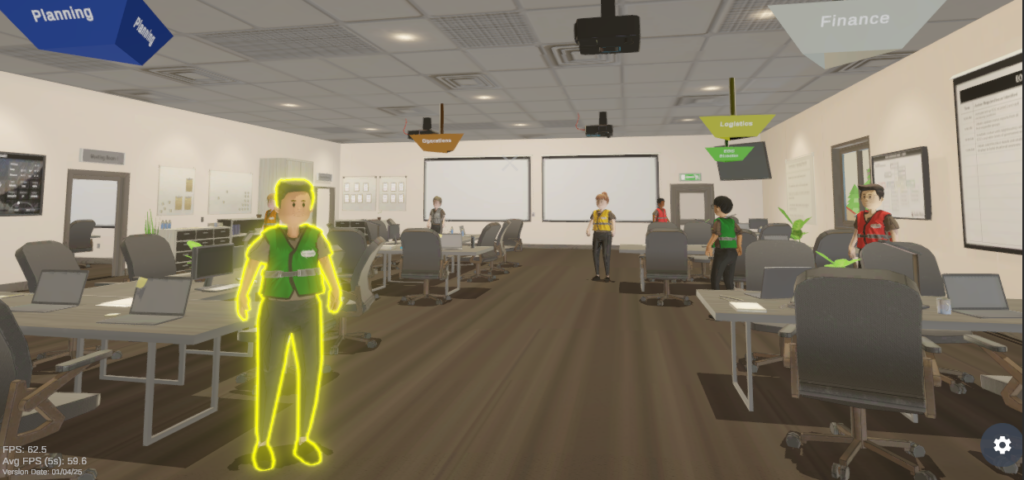 A screenshot view of the E O C upon entry. The E O C Director has a bright outline around them signifying that they are the person to communicate with as the next objective.