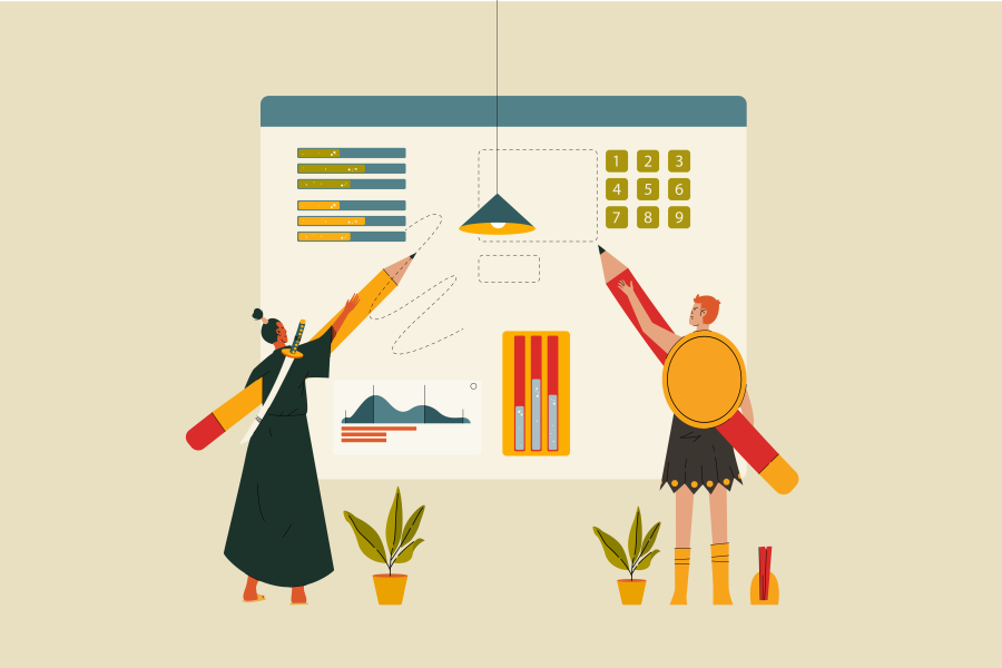 decorative graphic of two people organizing and managing a project.