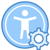 Graphic icon blue circle with person in centre and a gear graphic in the bottom corner.
